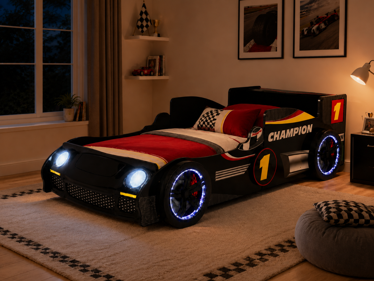 Bed Frame LED Race Car Design Black Particle Board Twin Size in a modern bedroom
