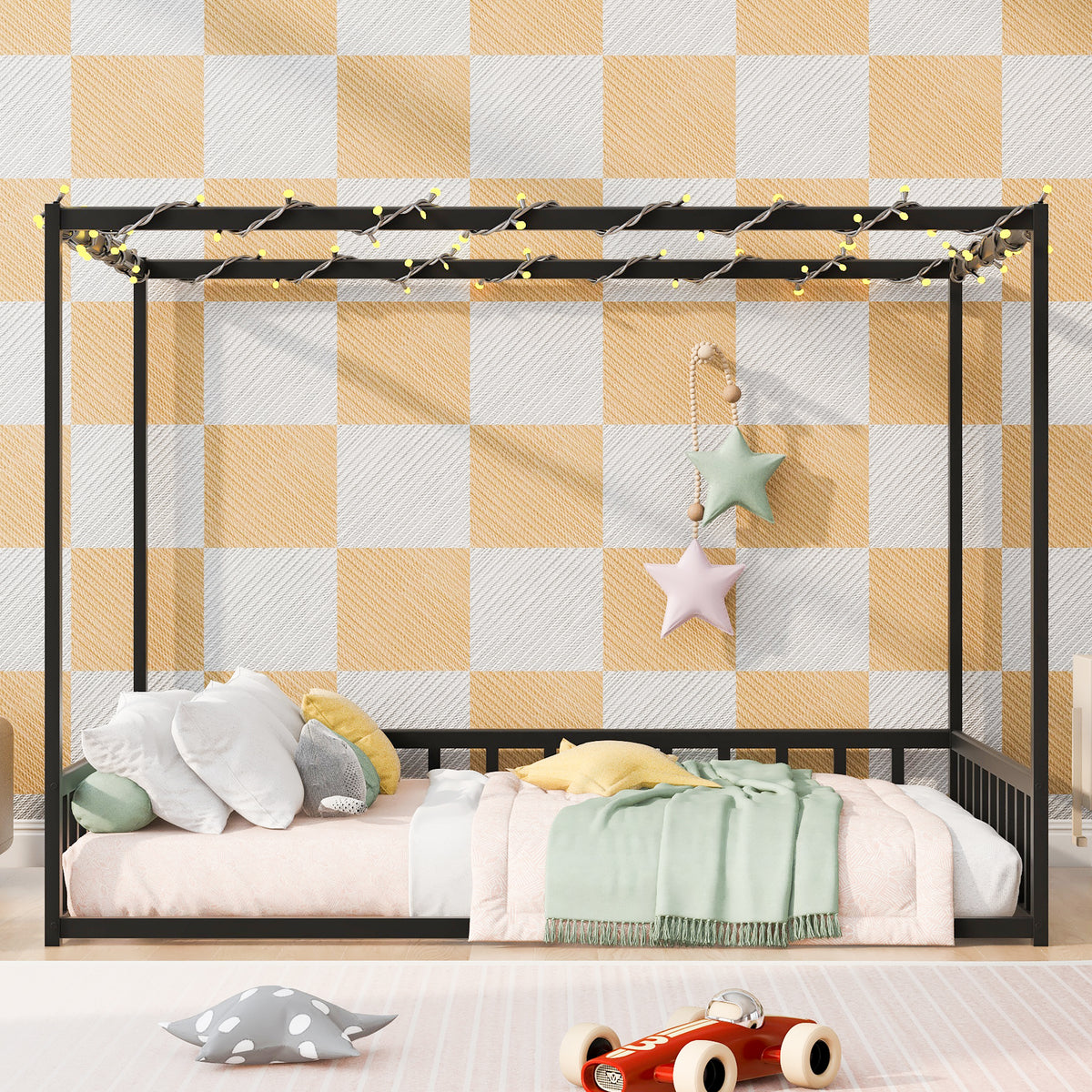 Bed Frame Modern Guardrails Black Iron Full Size Bedroom in a modern bedroom