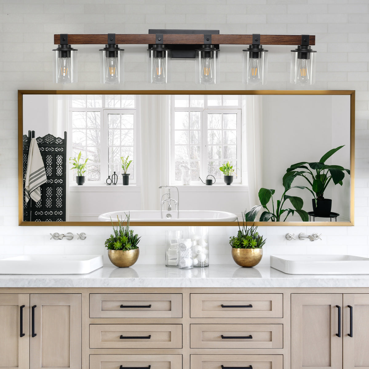 Full product view of Vanity Light Industrial 6-Light Glass Shades Walnut Glass