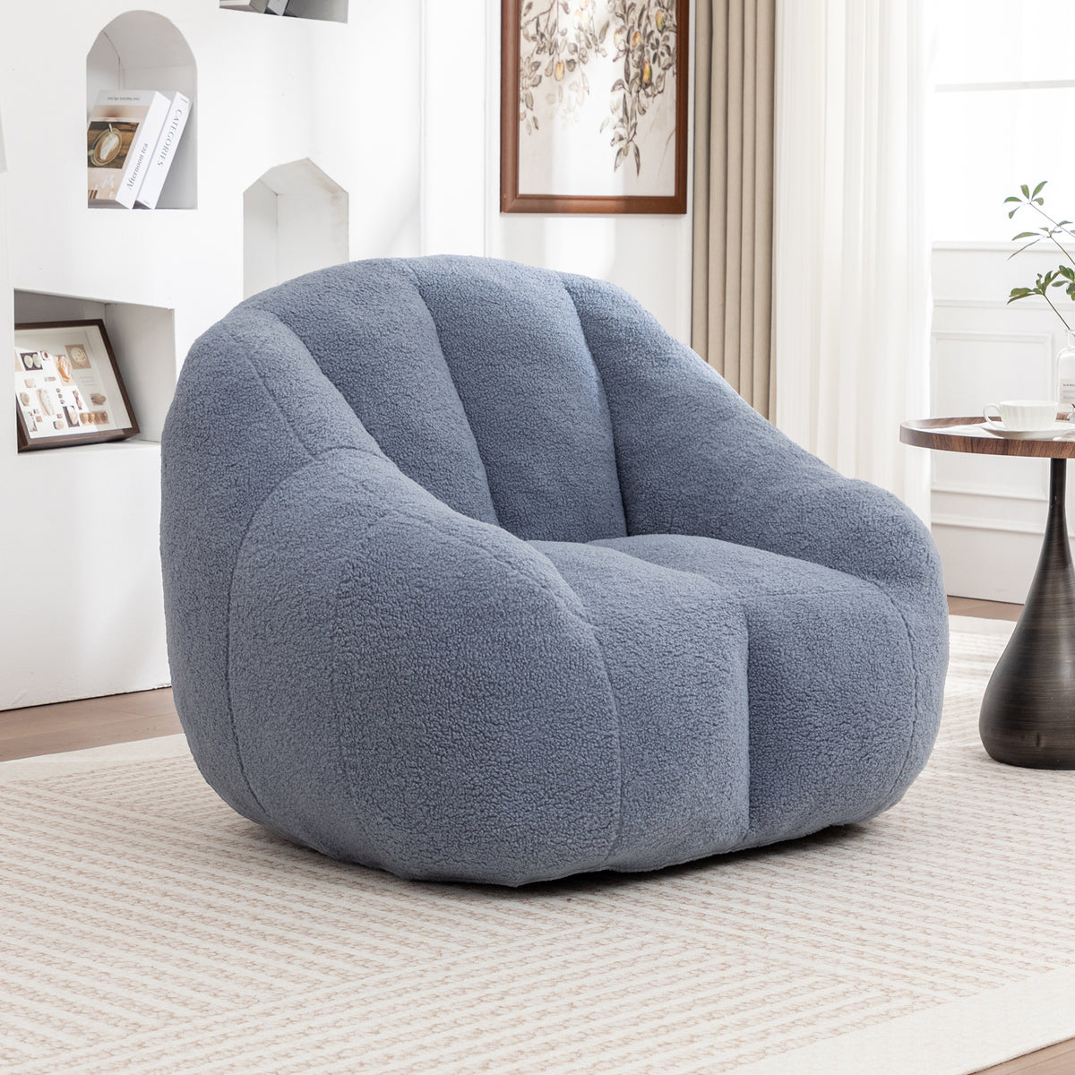 Bean Bag Chair Oversized Seating Light Blue Teddy Fabric in a modern living room