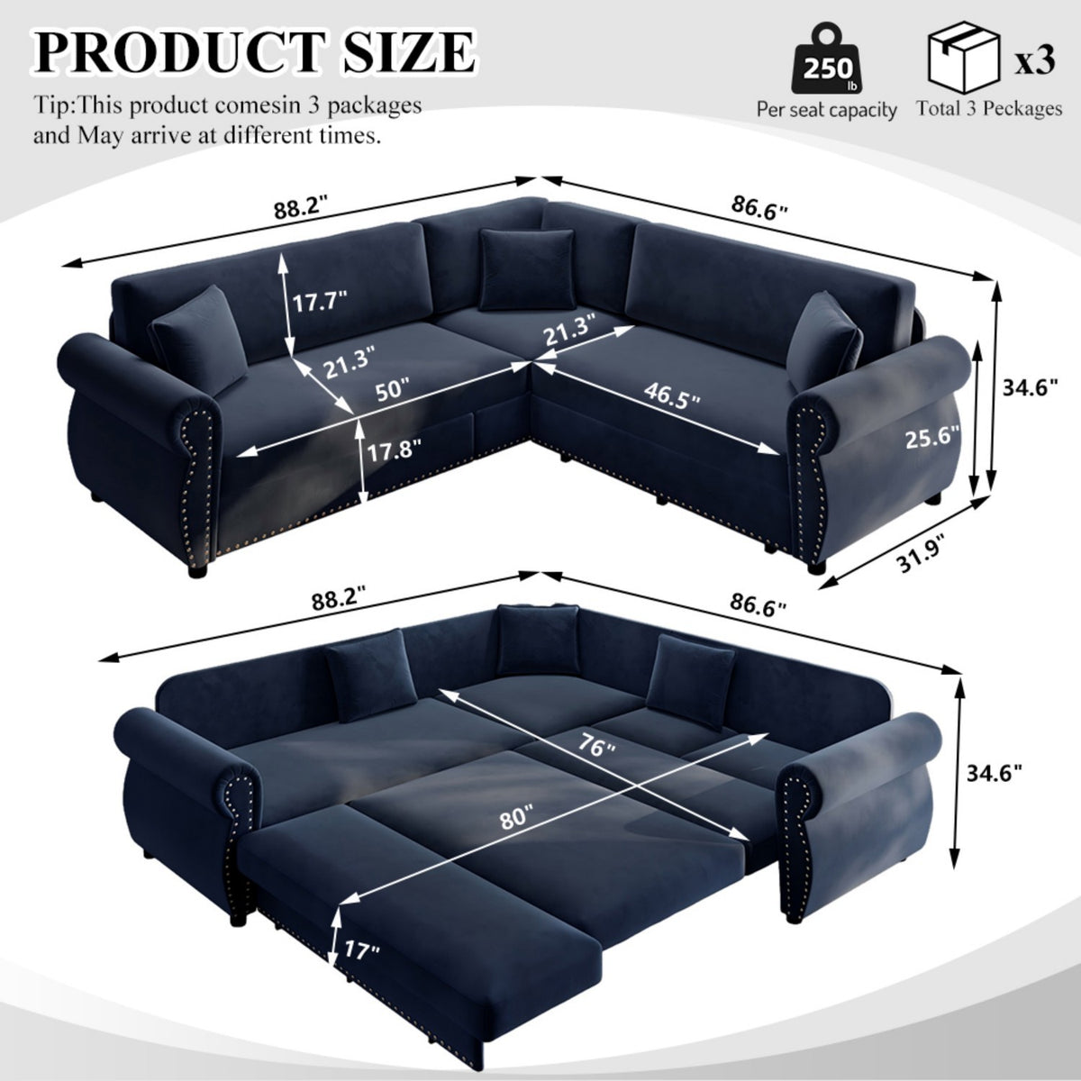 Alternate angle of Sofa Bed Pull-Out Sleeper Blue Chenille