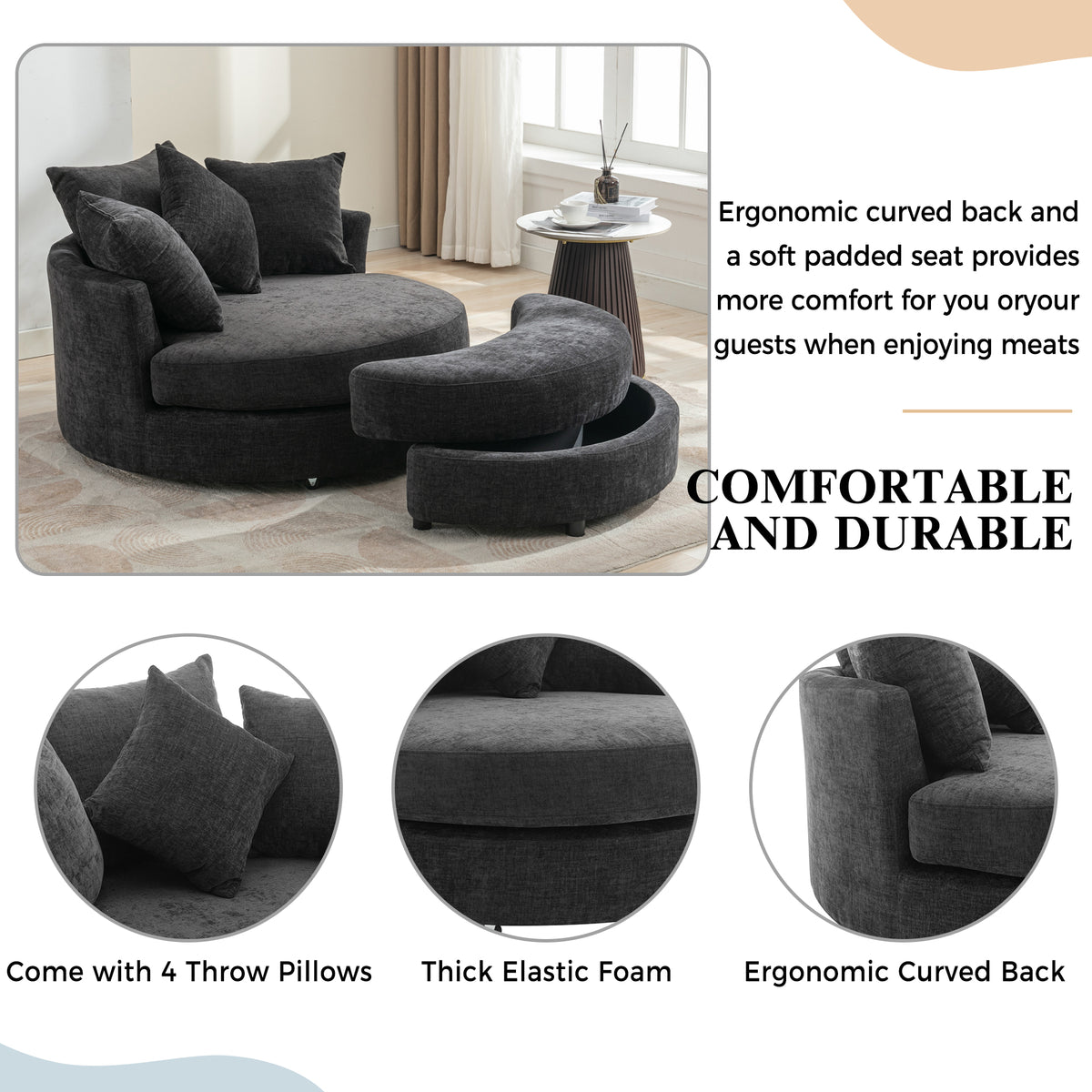 Close-up detail of Swivel Lounge Chair 360° Swivel & Headrest Gray Chenille