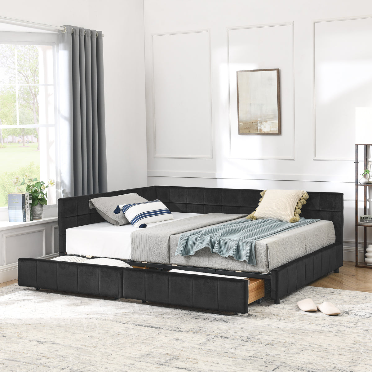 Close-up detail of Bed Frame Mid-Century Tufted Storage Black Velvet Full Size