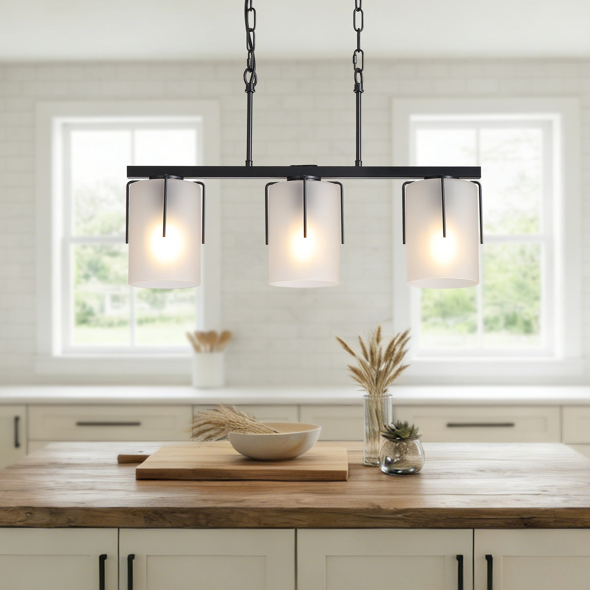 Pendant Light Minimalist 3-Light Linear Matte Black Glass in a modern home interior