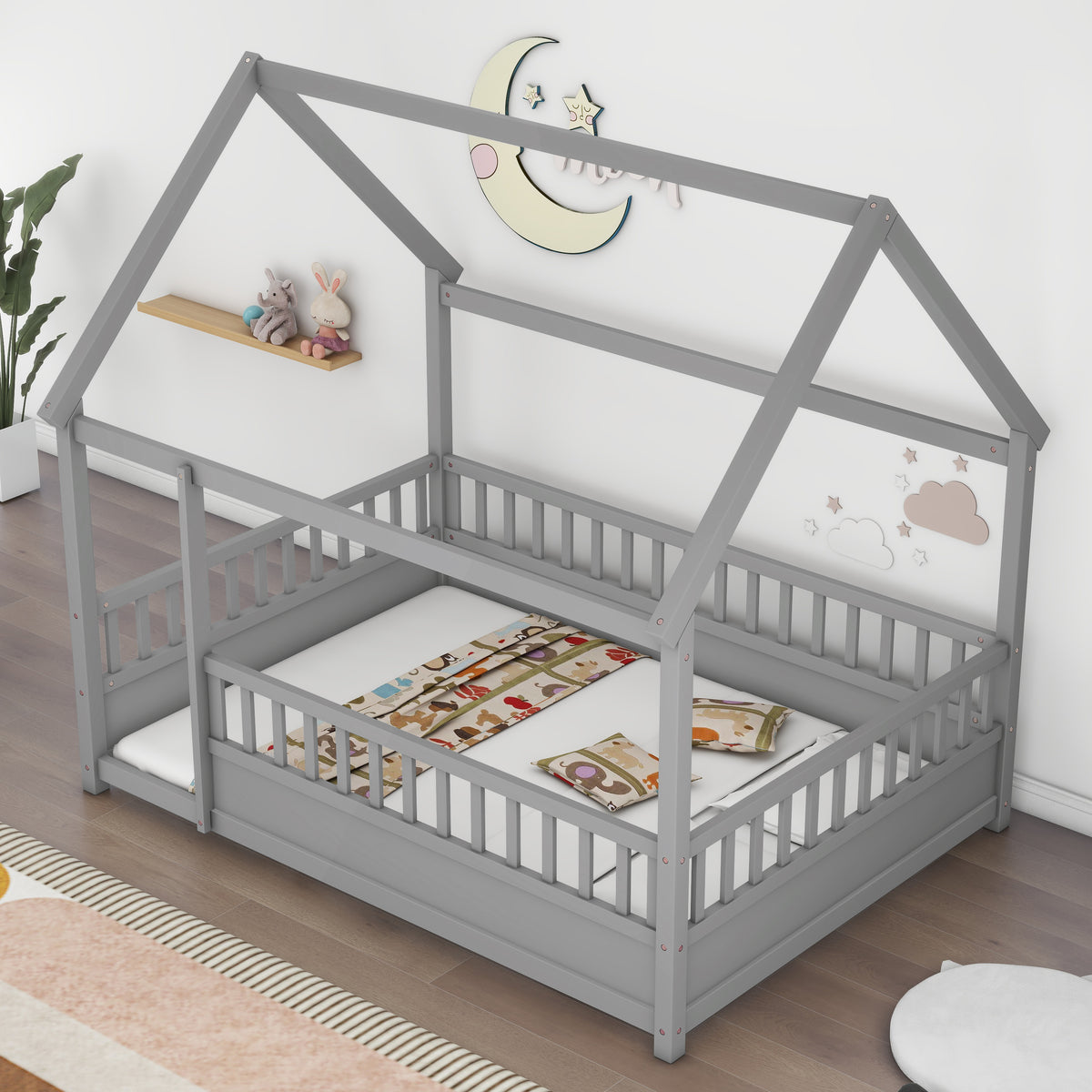 Construction and detail view of Bed Frame Modern House Roof & Guardrails Gray Wood Full Size