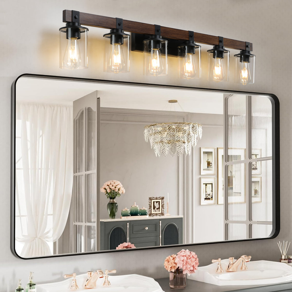 Vanity Light Industrial 6-Light Glass Shades Walnut Glass in a modern home interior