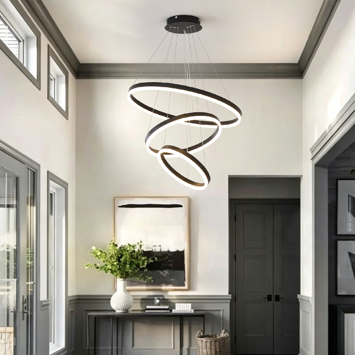 Close-up detail of Chandelier 3-Ring Dimmable LED Black Acrylic & Aluminum