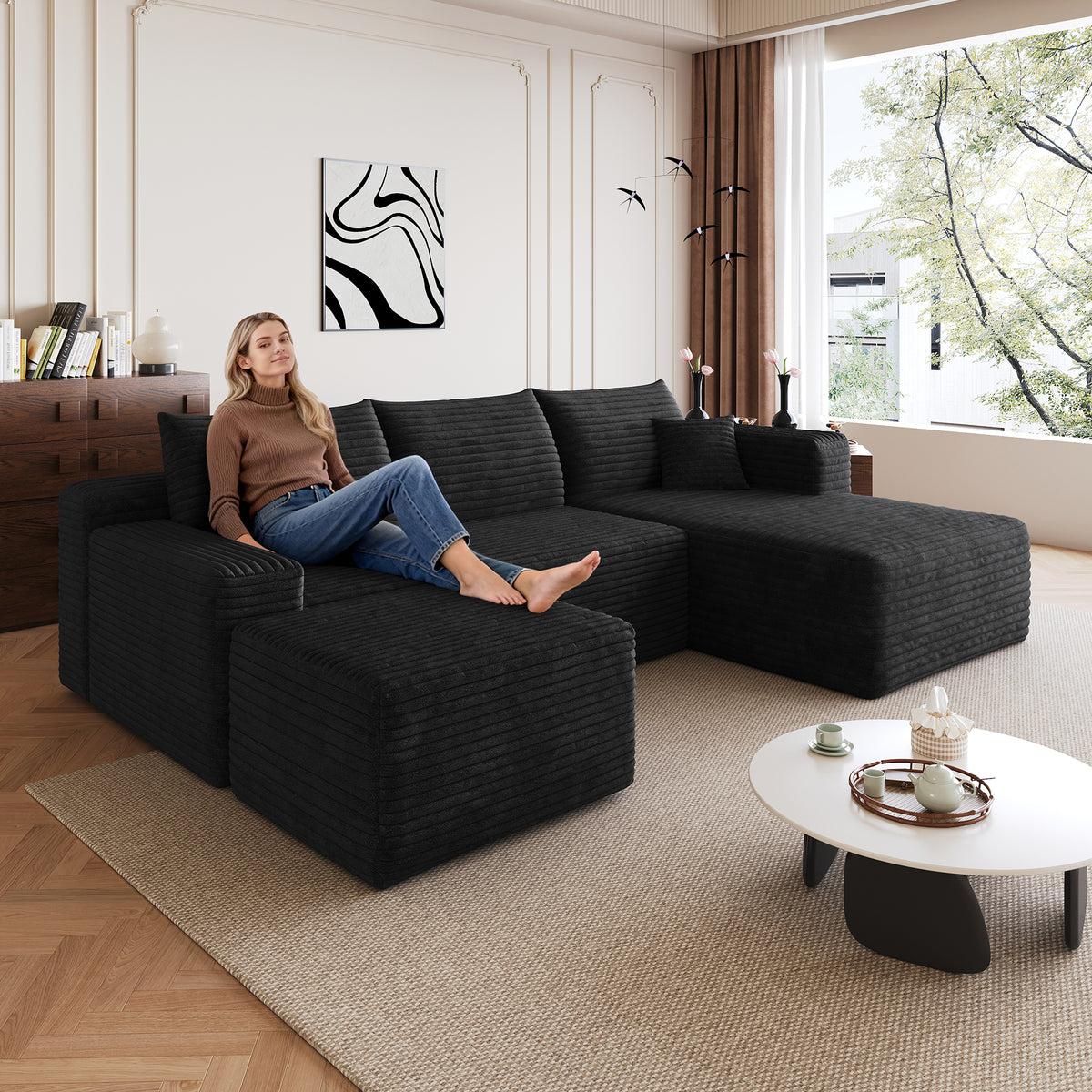 Alternate angle of Sectional Sofa Modular with Ottoman Black Corduroy
