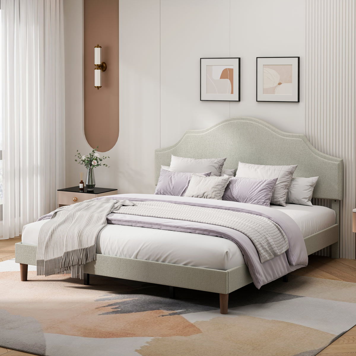 Close-up detail of Platform Bed Frame Adjustable Headboard Beige Linen King Size