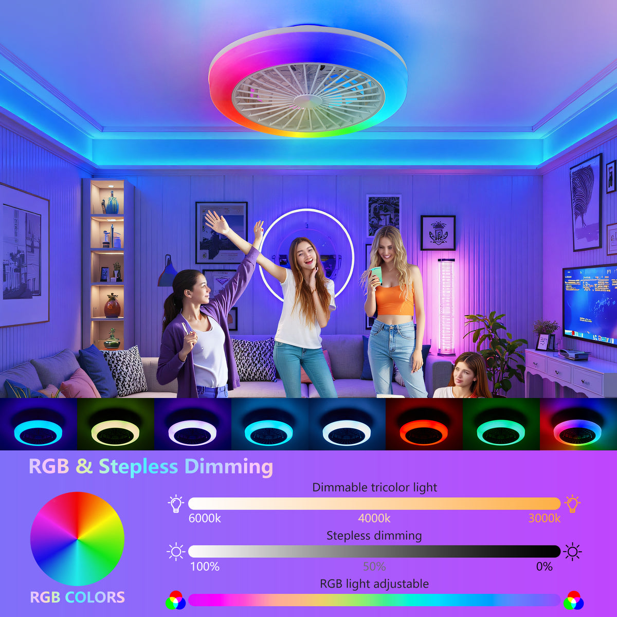 Construction and detail view of Ceiling Fan Modern Remote & App Control White Iron