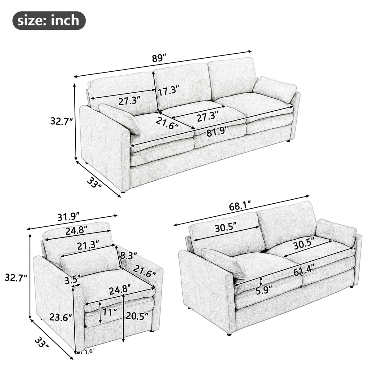 Alternate angle of Sofa Set Modern Double-Cushion Seating Gray Chenille 6-Seater