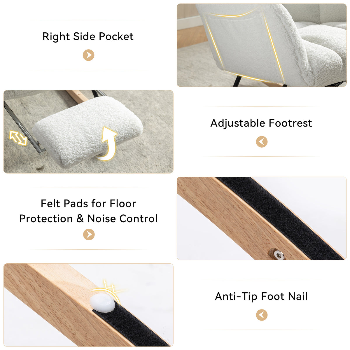 Design feature view of Rocking Chair Adjustable Footstool Ivory Teddy Fabric