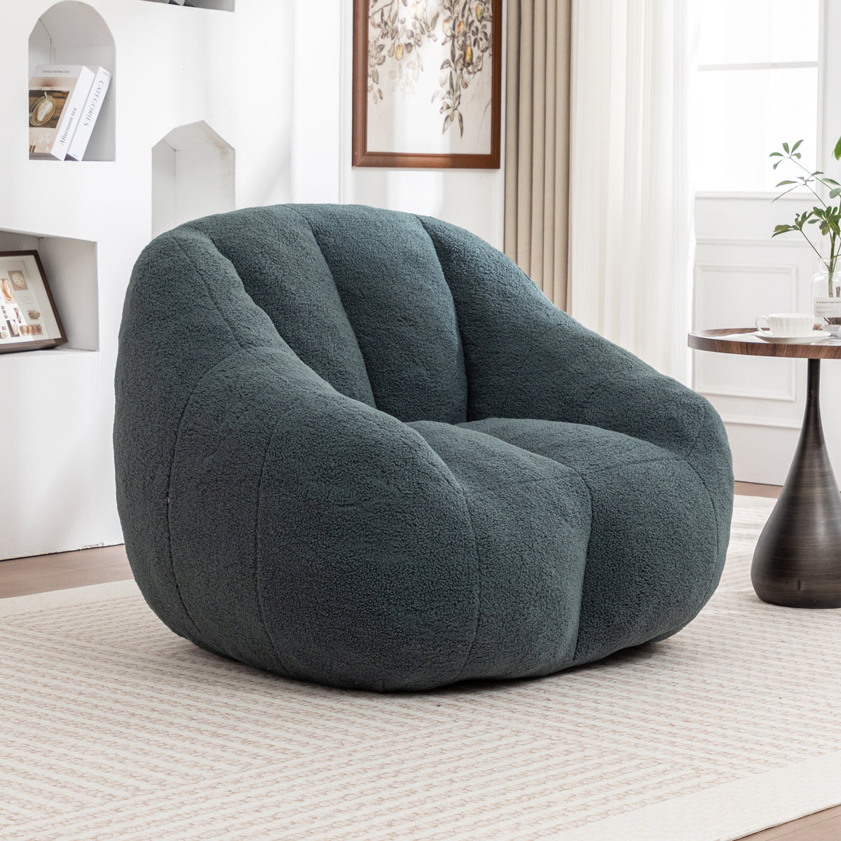 Bean Bag Chair Tufted Memory Foam Green Teddy Fabric in a modern living room