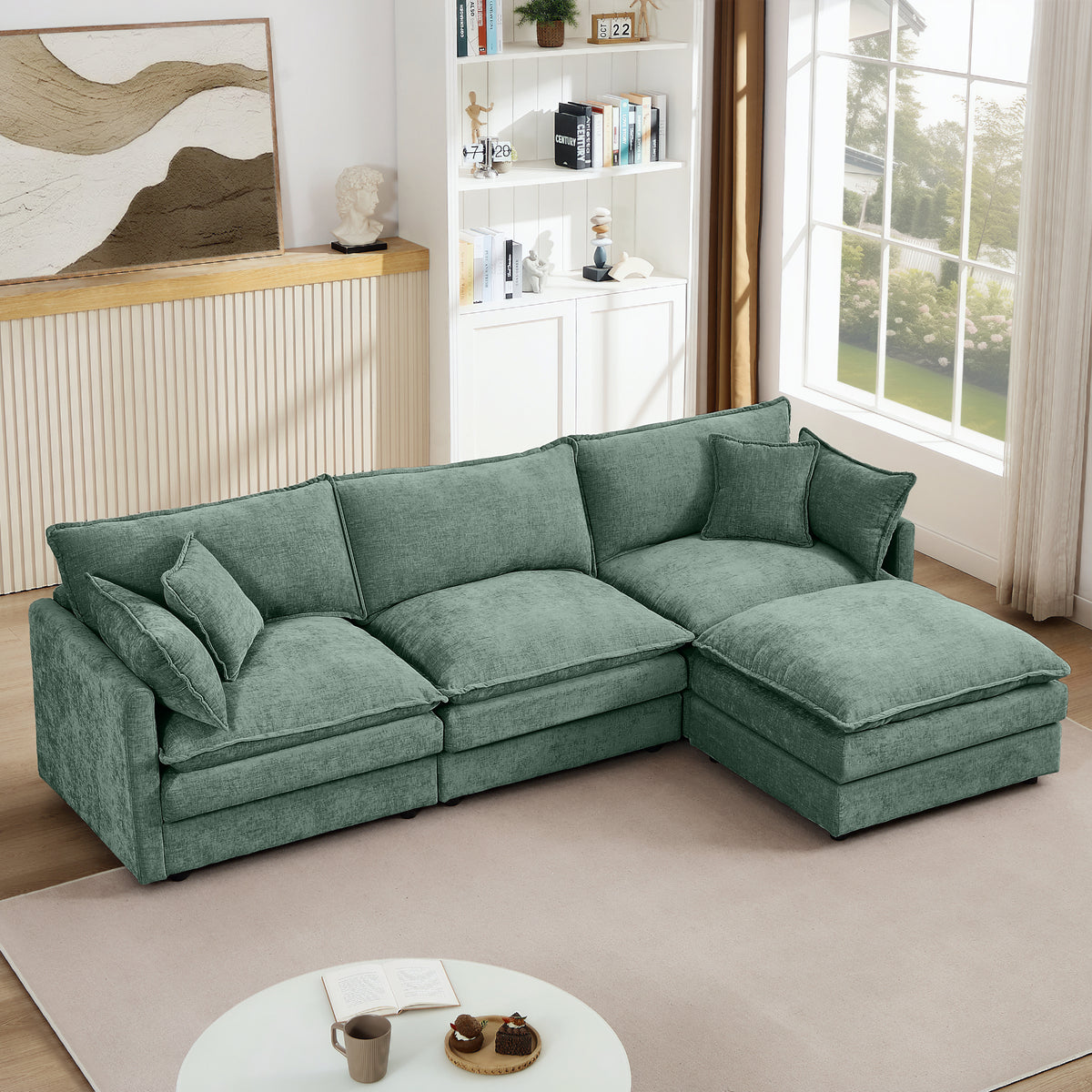 Sectional Sofa Modular with Ottoman Green Chenille in a modern living room