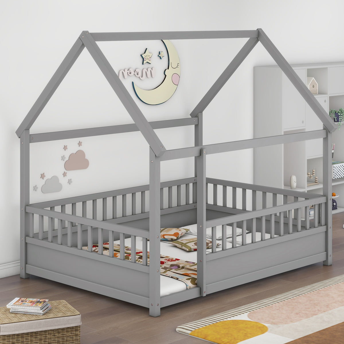 Additional product detail of Bed Frame Modern House Roof & Guardrails Gray Wood Full Size