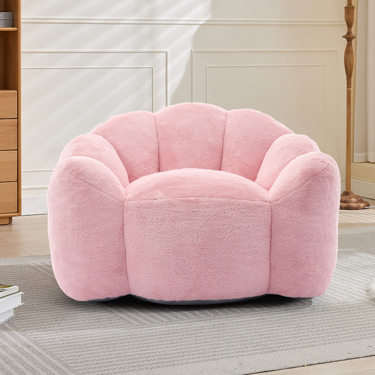 Construction and detail view of Bean Bag Chair Compressed Foam Pink Faux Fur