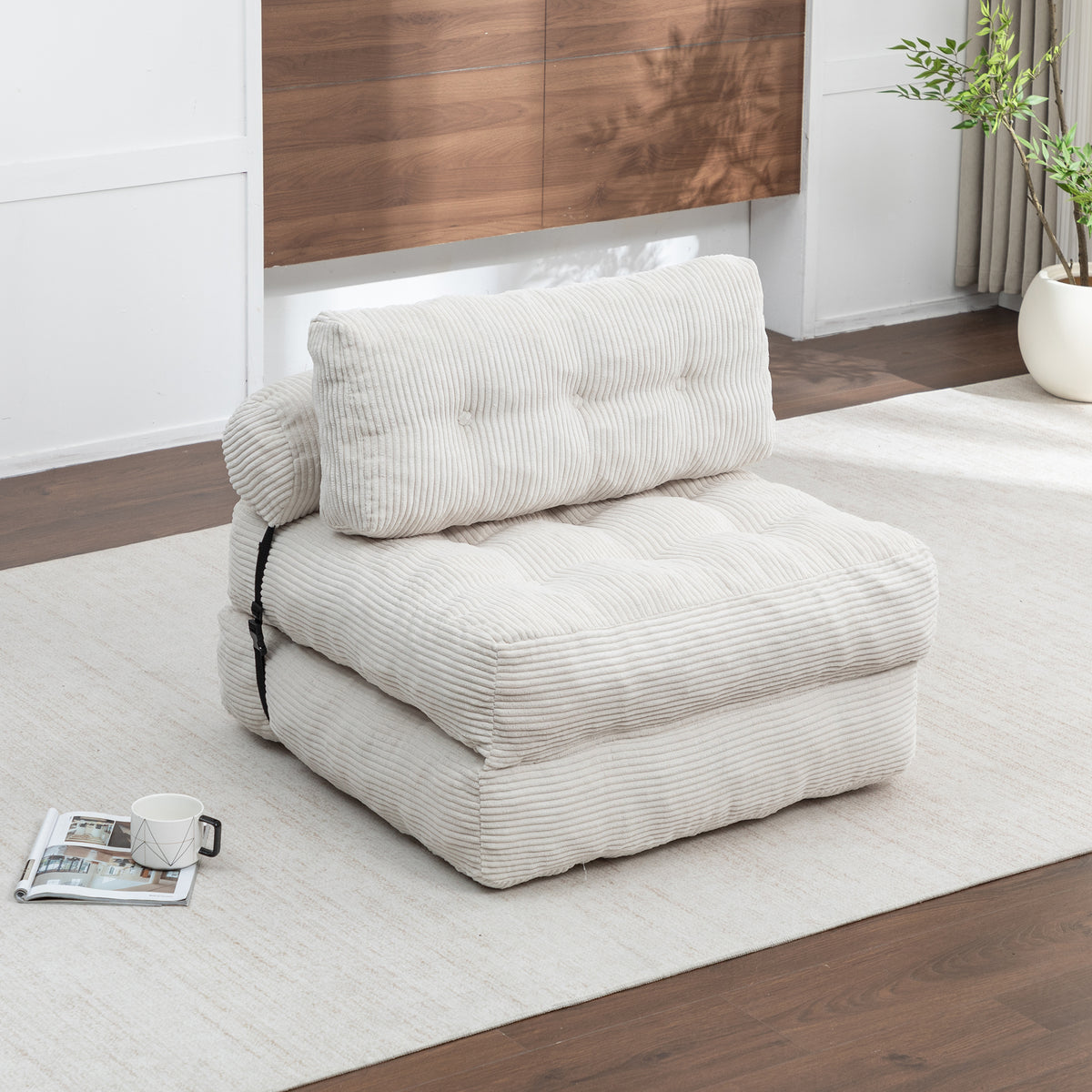 Full product view of Sofa Bed Folding Sleeper with Headrest & Lumbar Pillow Beige Corduroy