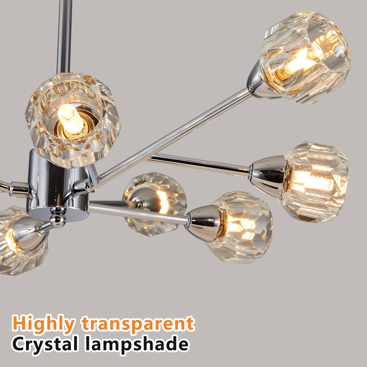 Construction and detail view of Chandelier Modern 9-Light Crystal Chrome Crystal
