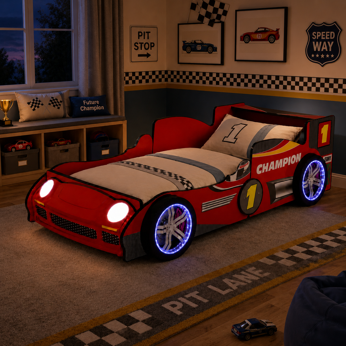 Alternate angle of Bed Frame LED Race Car Design Red Particle Board Twin Size
