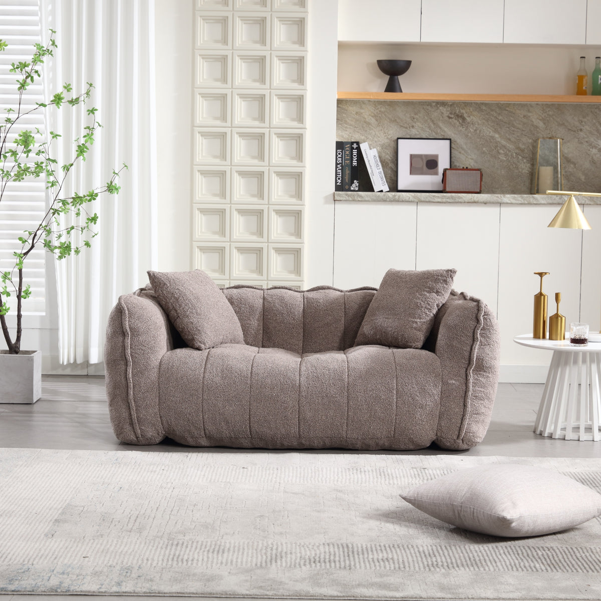 Construction and detail view of Bean Bag Chair Cushioned Seating Brown Chenille