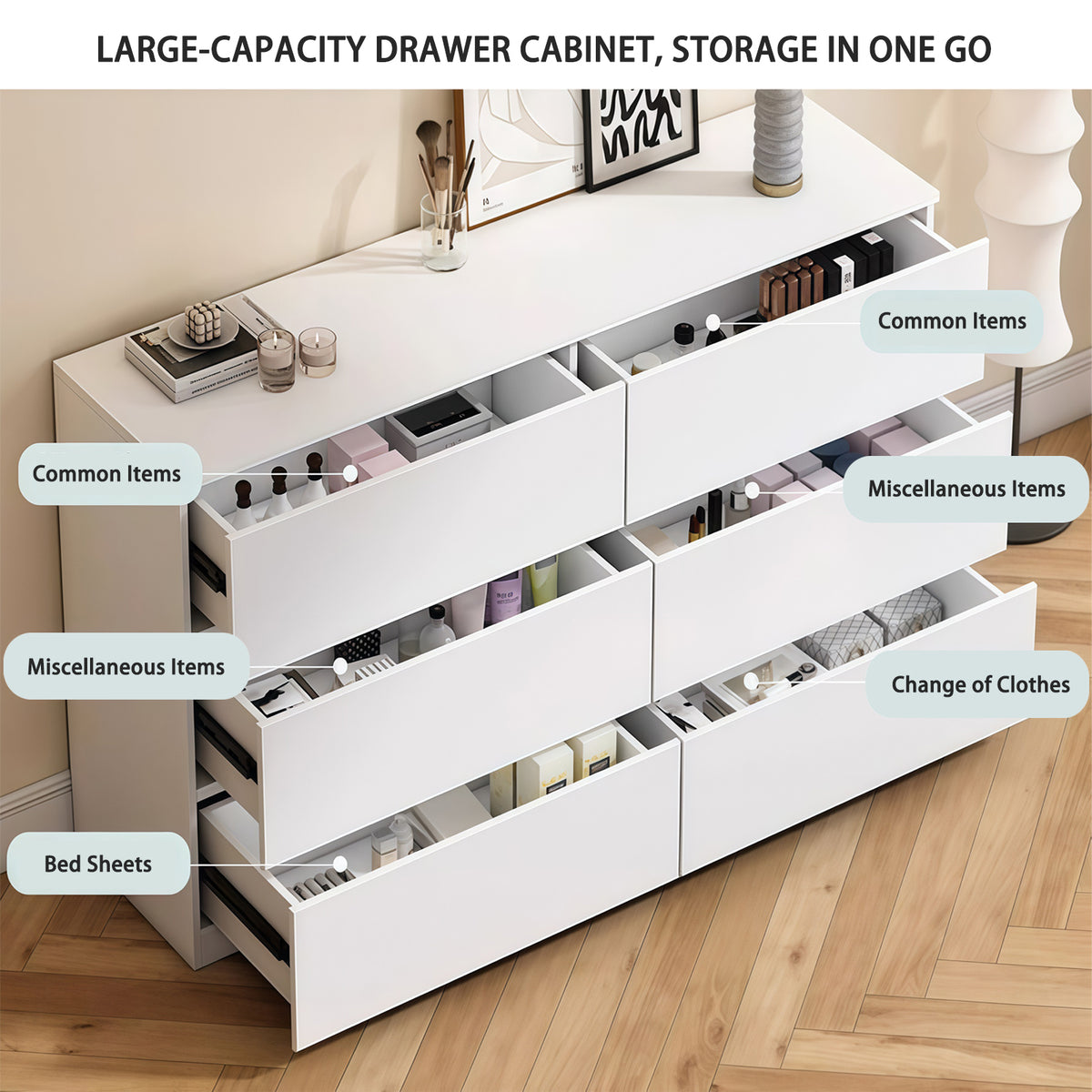 Construction and detail view of Dresser 6-Drawer Storage White MDF