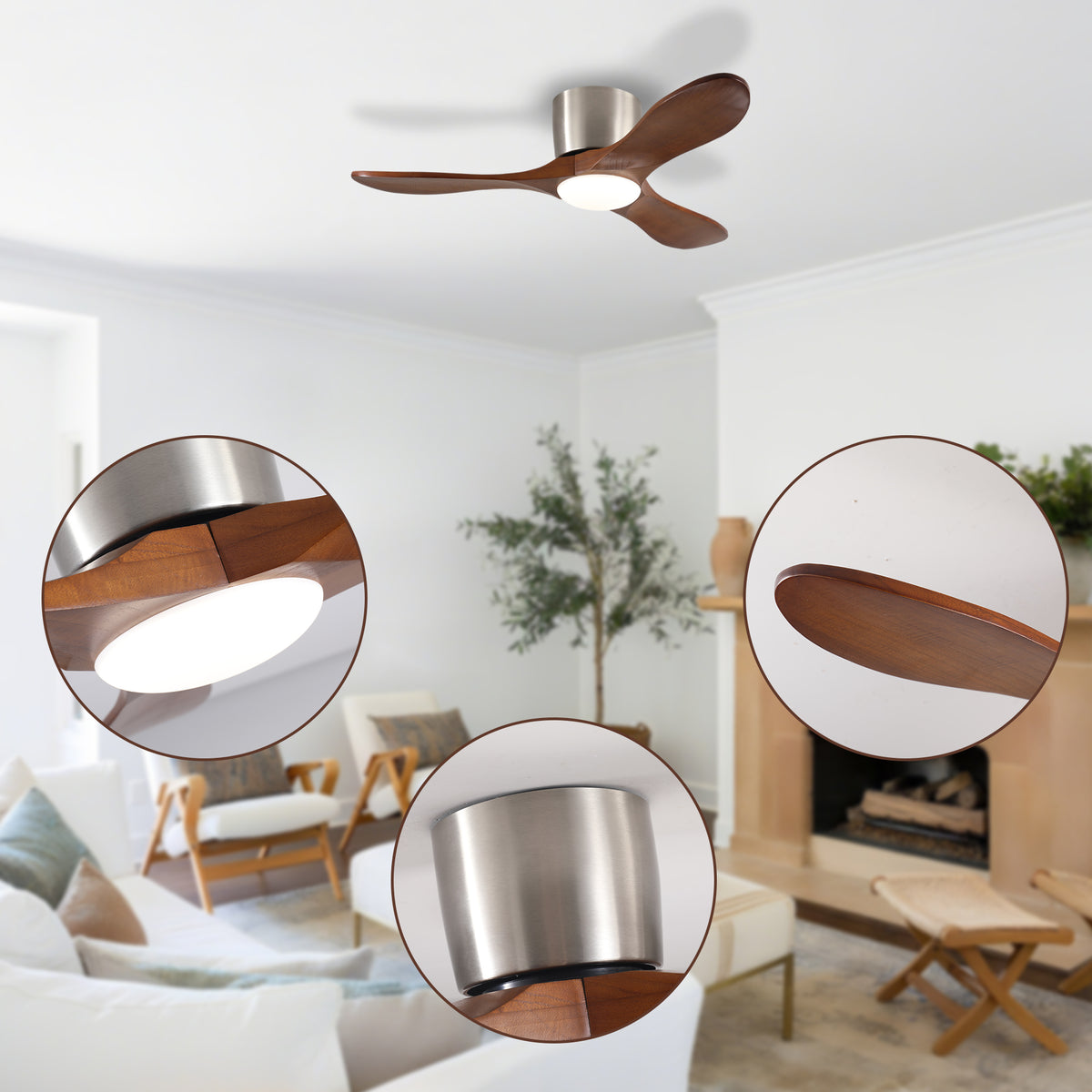 Alternate angle of Ceiling Fan Remote Control & LED Light Walnut Wood & Metal