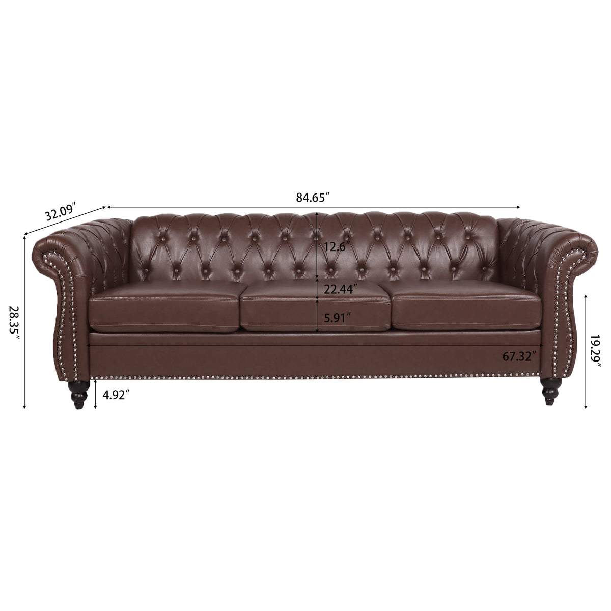 Alternate angle of Sofa Chesterfield Cushioned Seating Dark Brown PU Leather 3-Seater