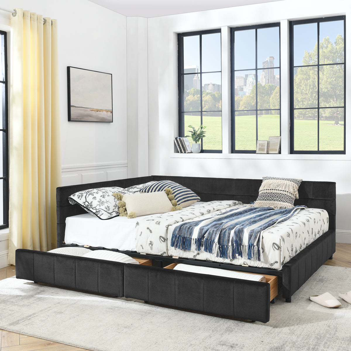 Close-up detail of Bed Frame Modern Storage Bed Black Velvet Queen Size Bedroom