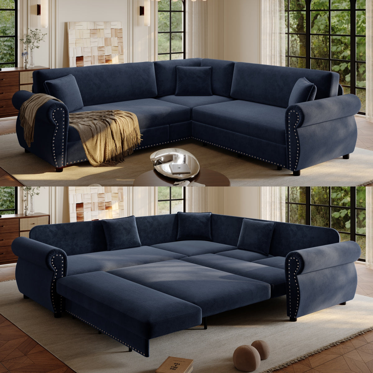Close-up detail of Sofa Bed Pull-Out Sleeper Blue Chenille