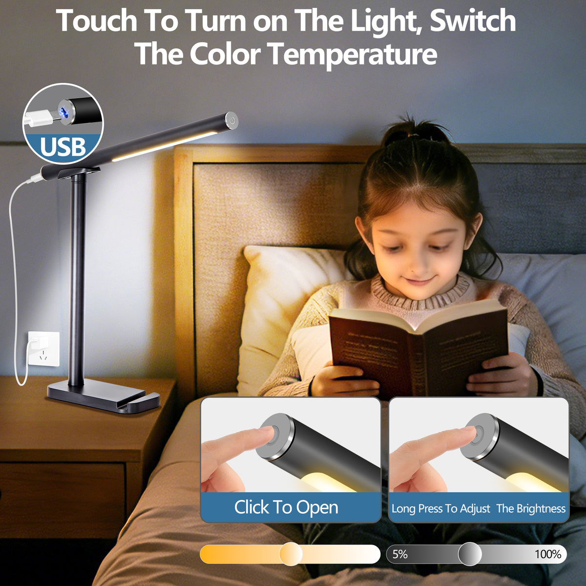 Alternate angle of Desk Lamp USB Charging & 5 Light Modes Black Iron