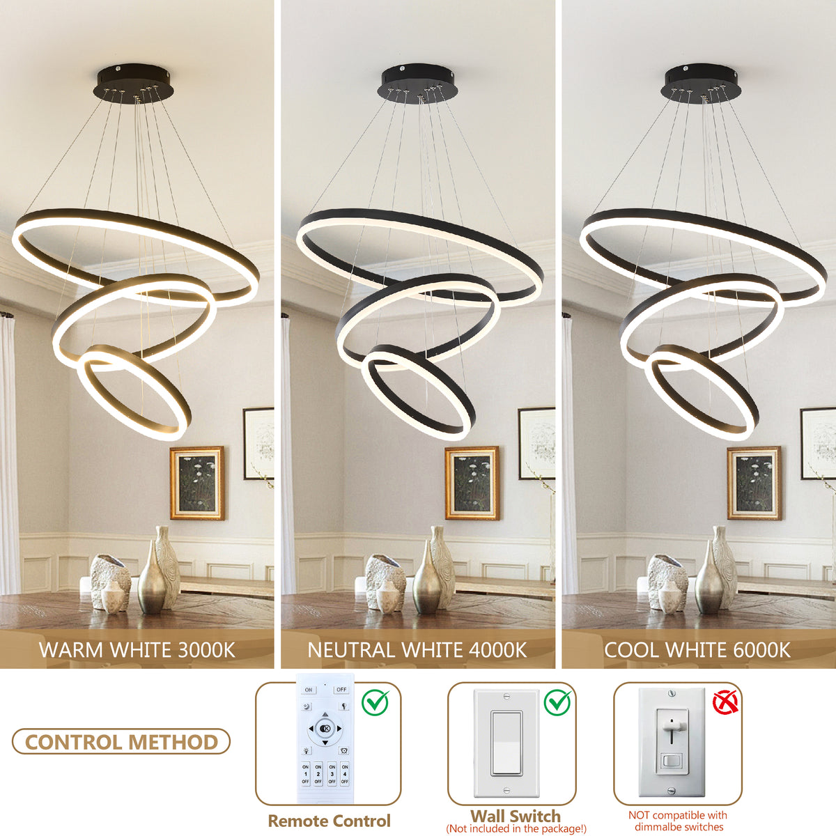 Additional product detail of Chandelier 3-Ring Dimmable LED Black Acrylic & Aluminum