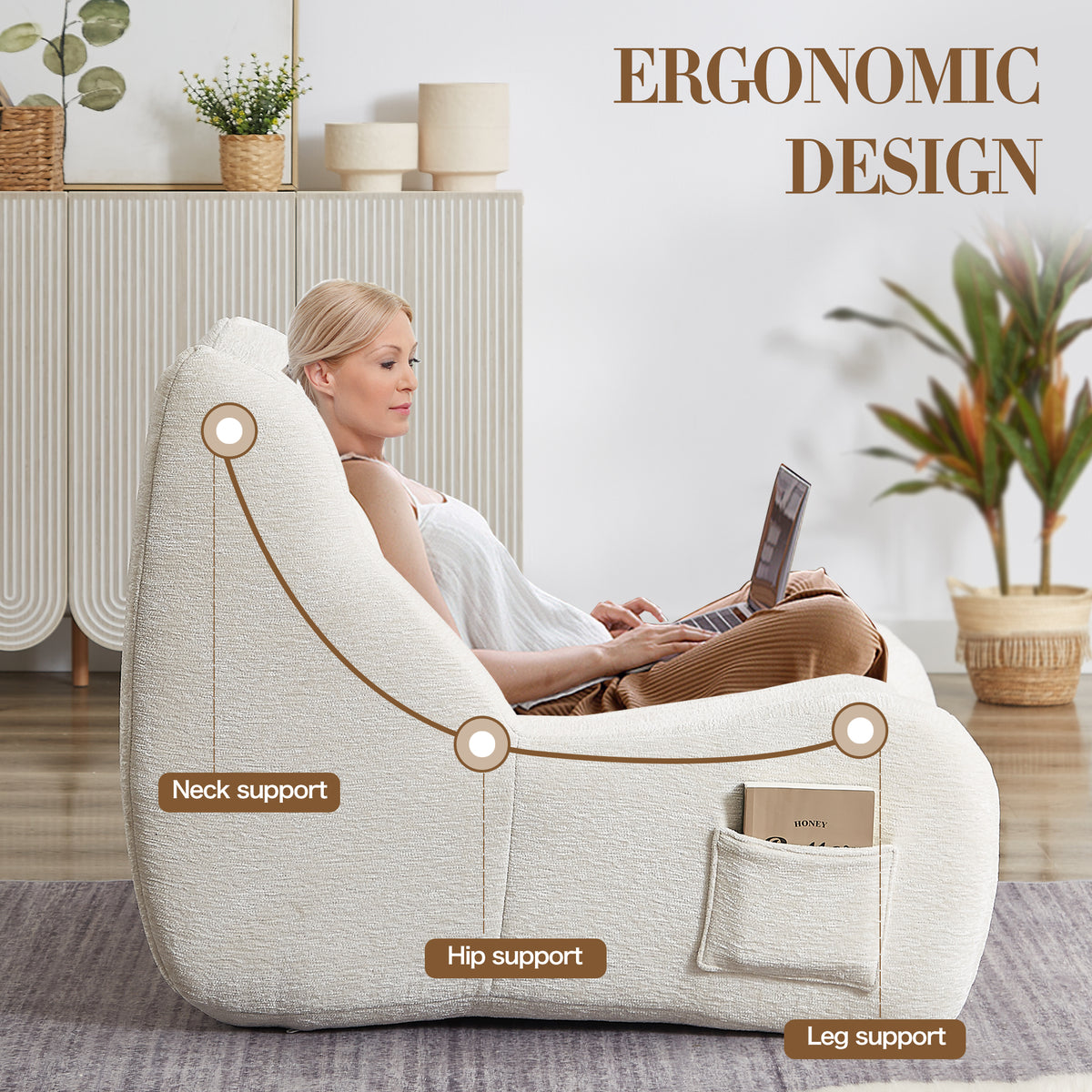Construction and detail view of Bean Bag Chair Cushioned Seating White Chenille