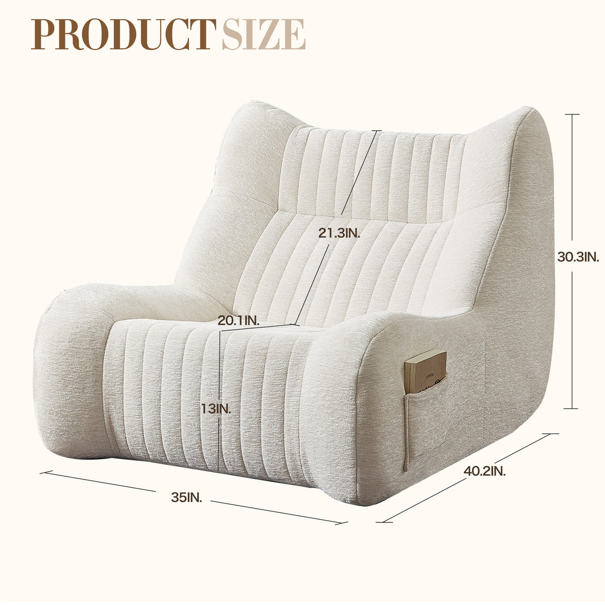 Alternate angle of Bean Bag Chair Cushioned Seating White Chenille
