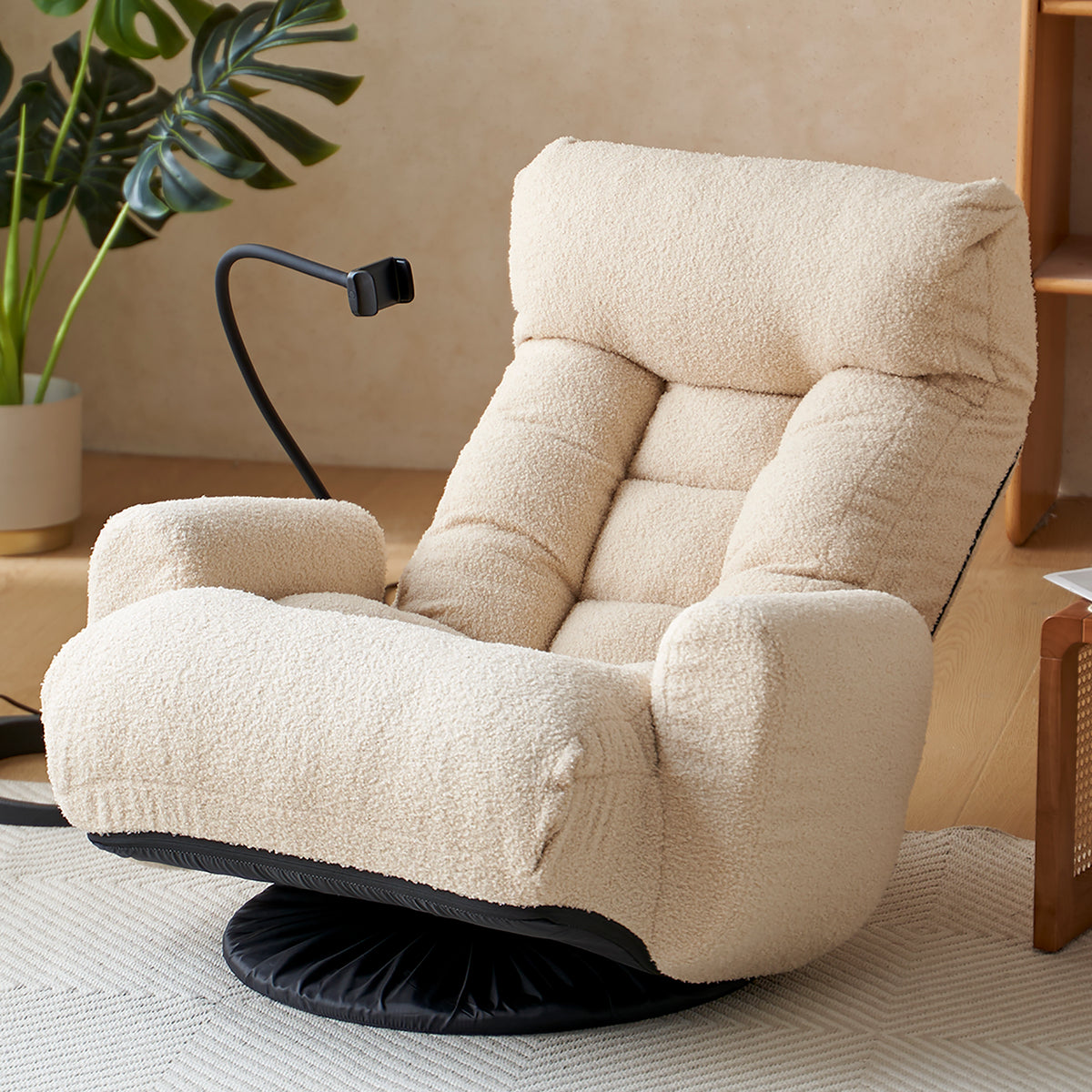 Swivel Lounge Chair 360° Swivel & Headrest Beige Metal in a modern living room