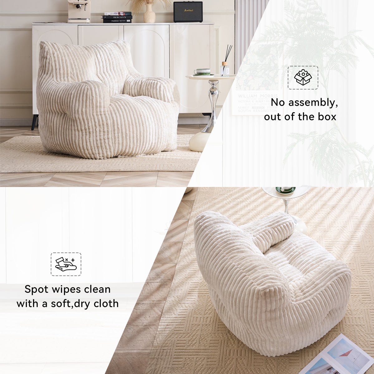 Construction and detail view of Bean Bag Chair Cushioned Seating Beige Corduroy