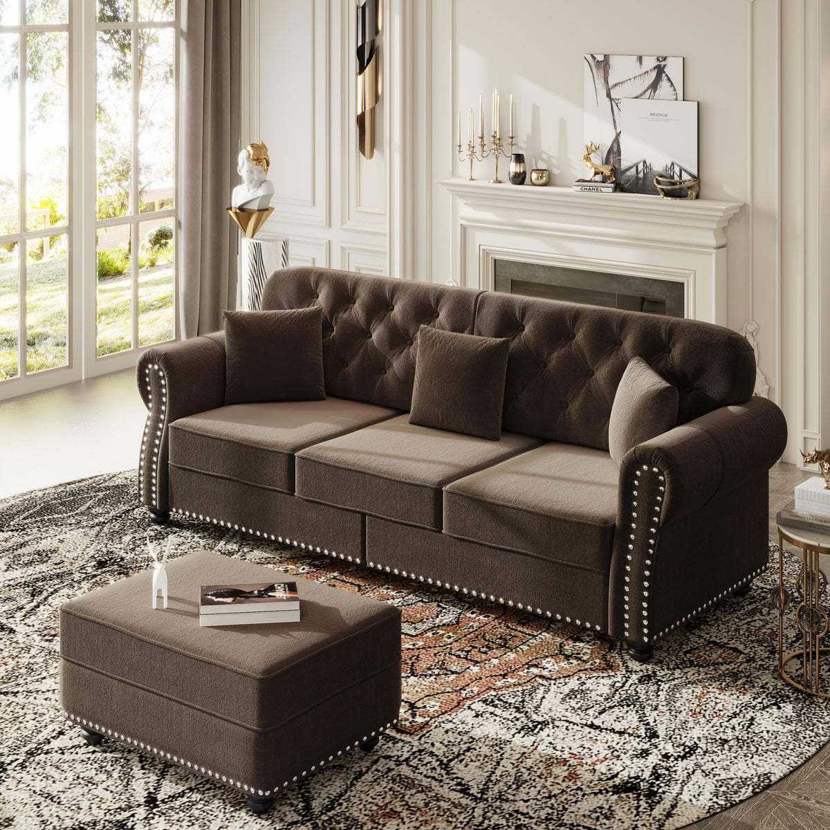 Construction and detail view of Sofa Chesterfield Cushioned Seating Brown Velvet 3-Seater
