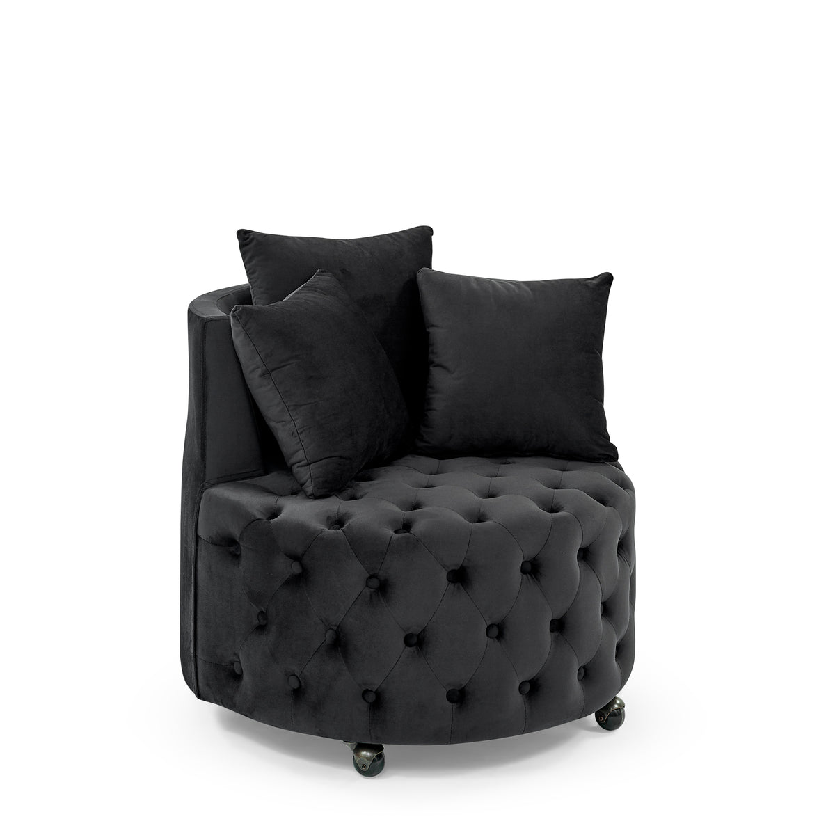 Full product view of Accent Chair Modern Glam Tufted Swivel & Wheels Black Velvet