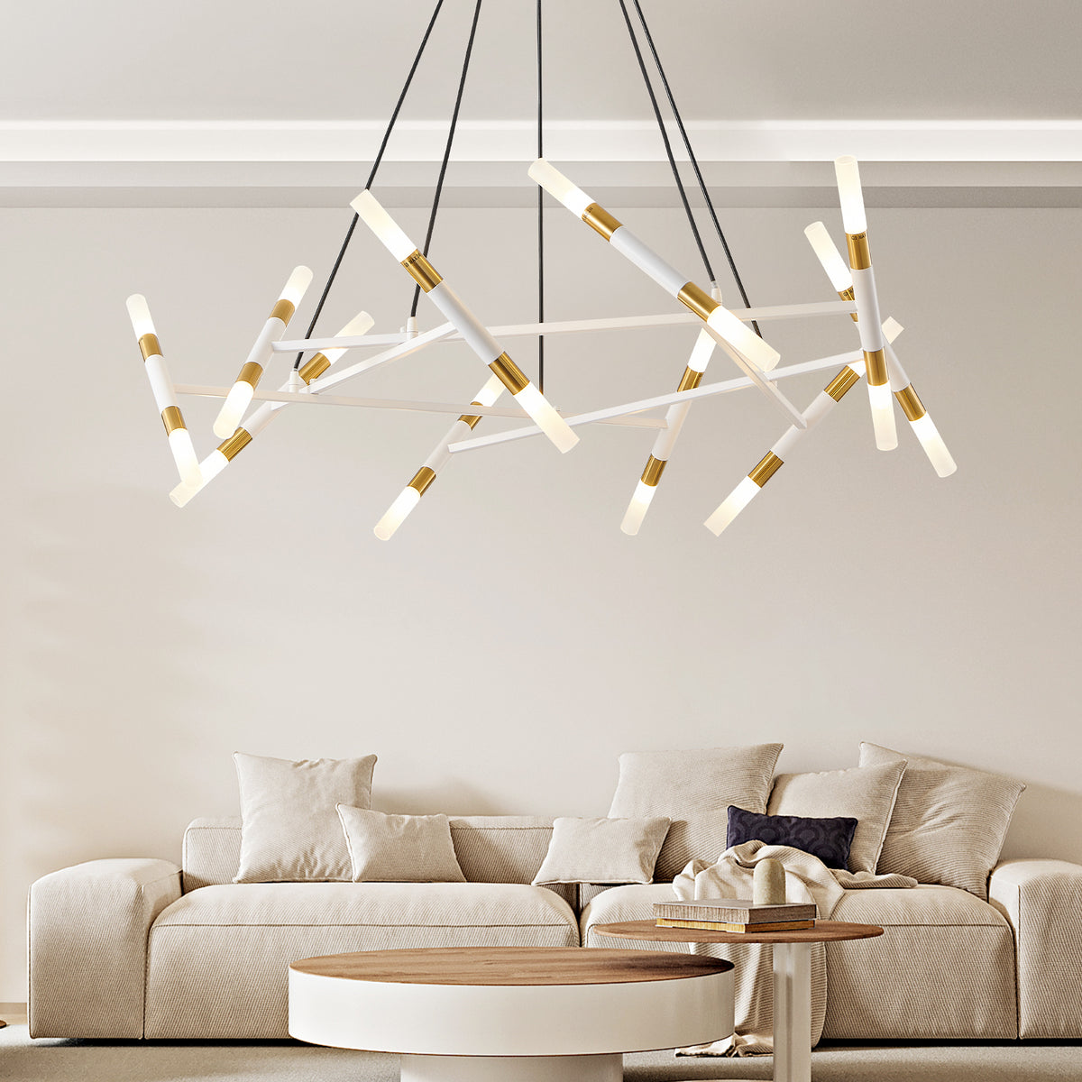 Close-up detail of Chandelier Branch Frosted-Tube Design White & Gold Iron