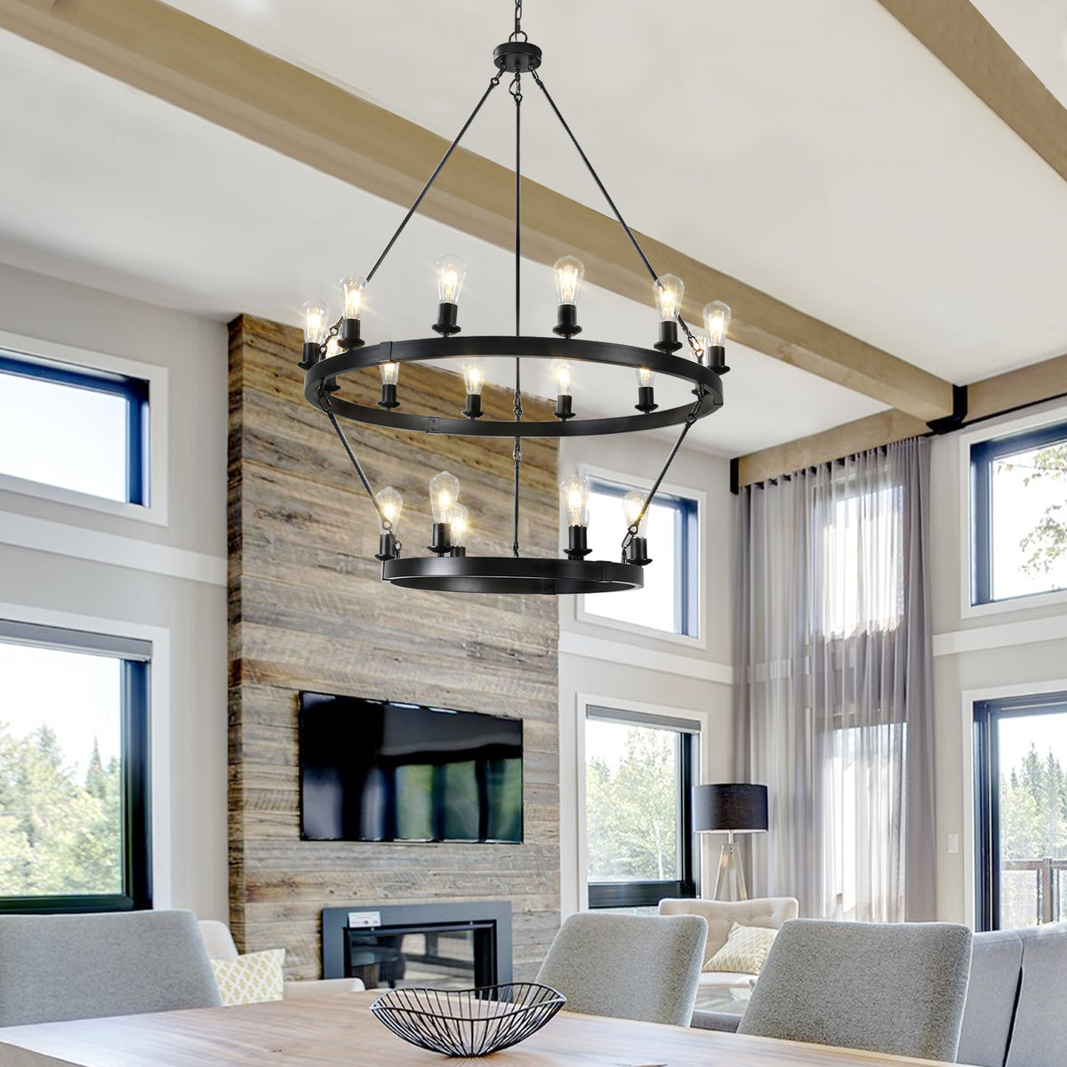 Full product view of Chandelier Retro 2-Tier Circular Design Black Iron