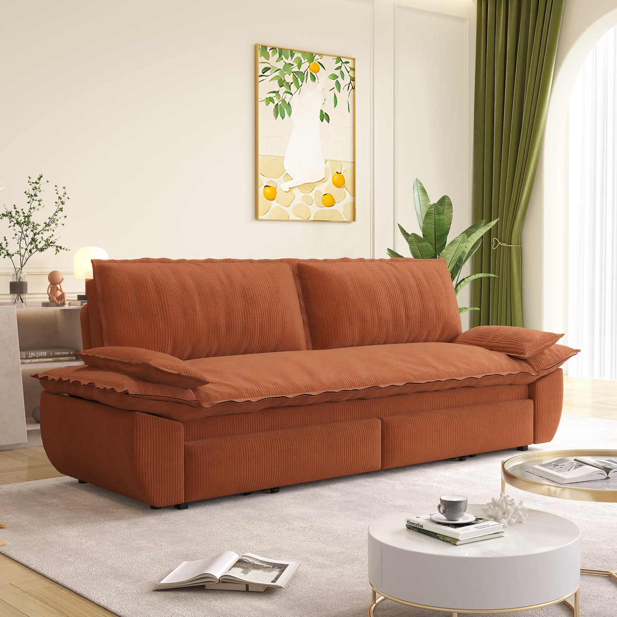 Construction and detail view of Sofa Bed Pull-Out Sleeper Orange Corduroy
