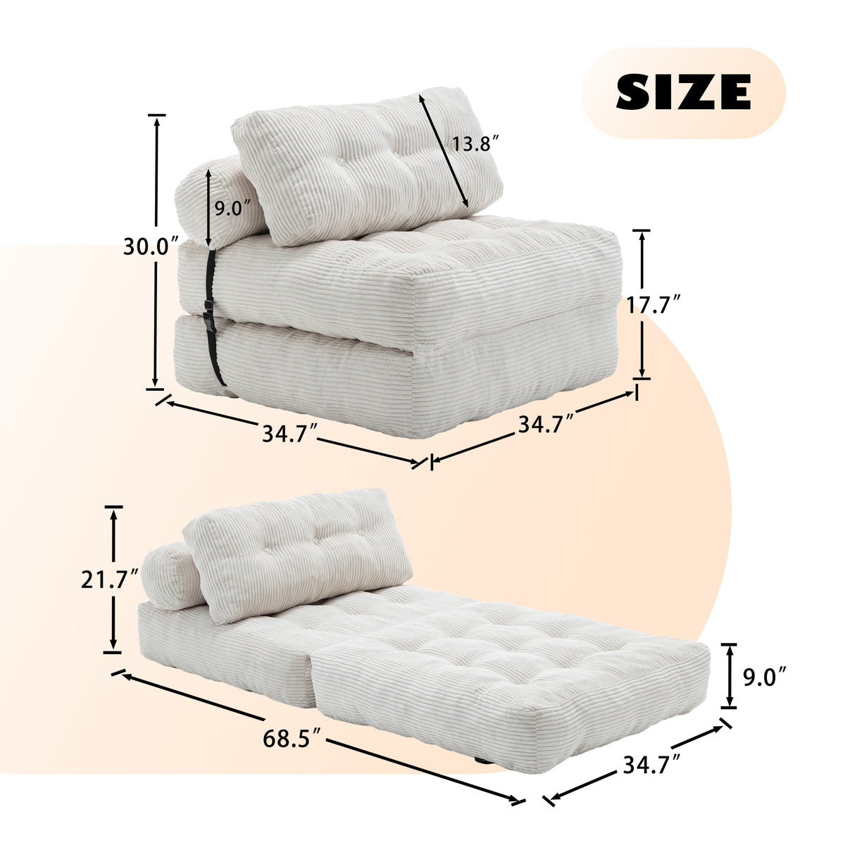 Additional product detail of Sofa Bed Folding Sleeper with Headrest & Lumbar Pillow Beige Corduroy