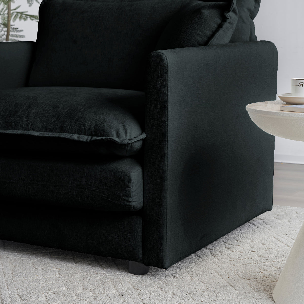 Construction and detail view of Ottoman Cushioned Footrest Black Chenille