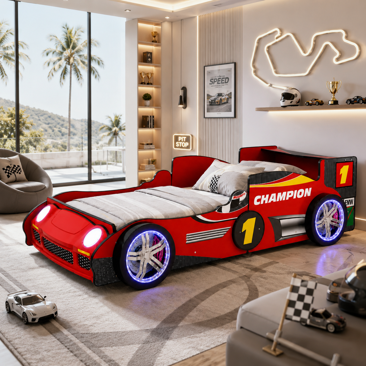 Close-up detail of Bed Frame LED Race Car Design Red Particle Board Twin Size