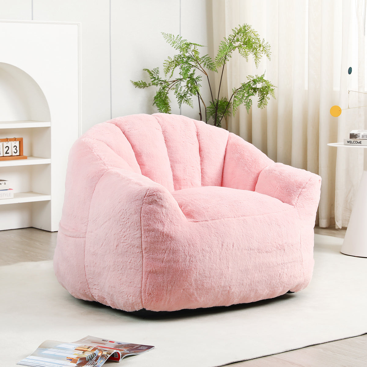 Bean Bag Chair Oversized Seating Pink Faux Fur in a modern living room