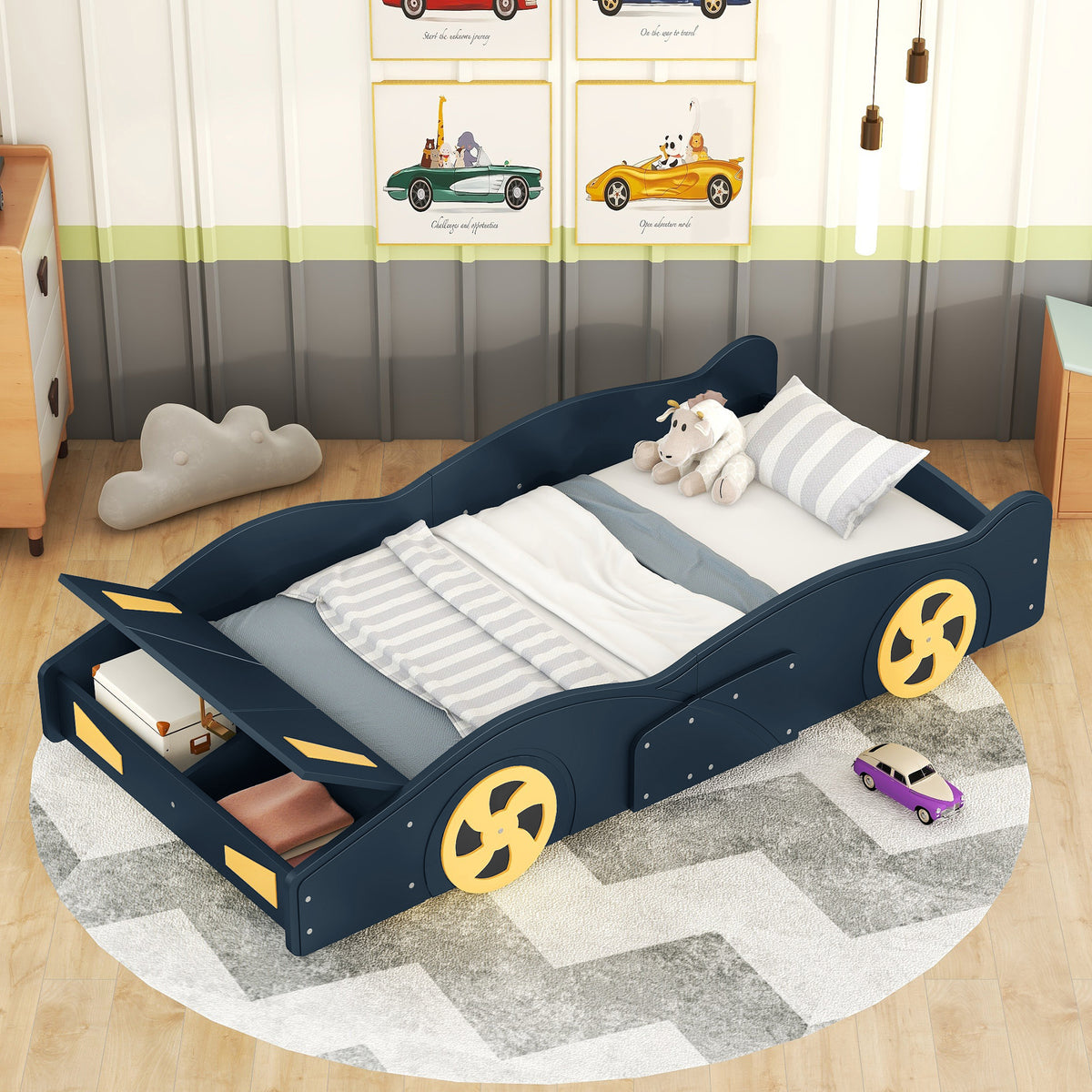 Close-up detail of Platform Bed Frame Race Car Storage Dark Blue Solid Wood & MDF Twin Size