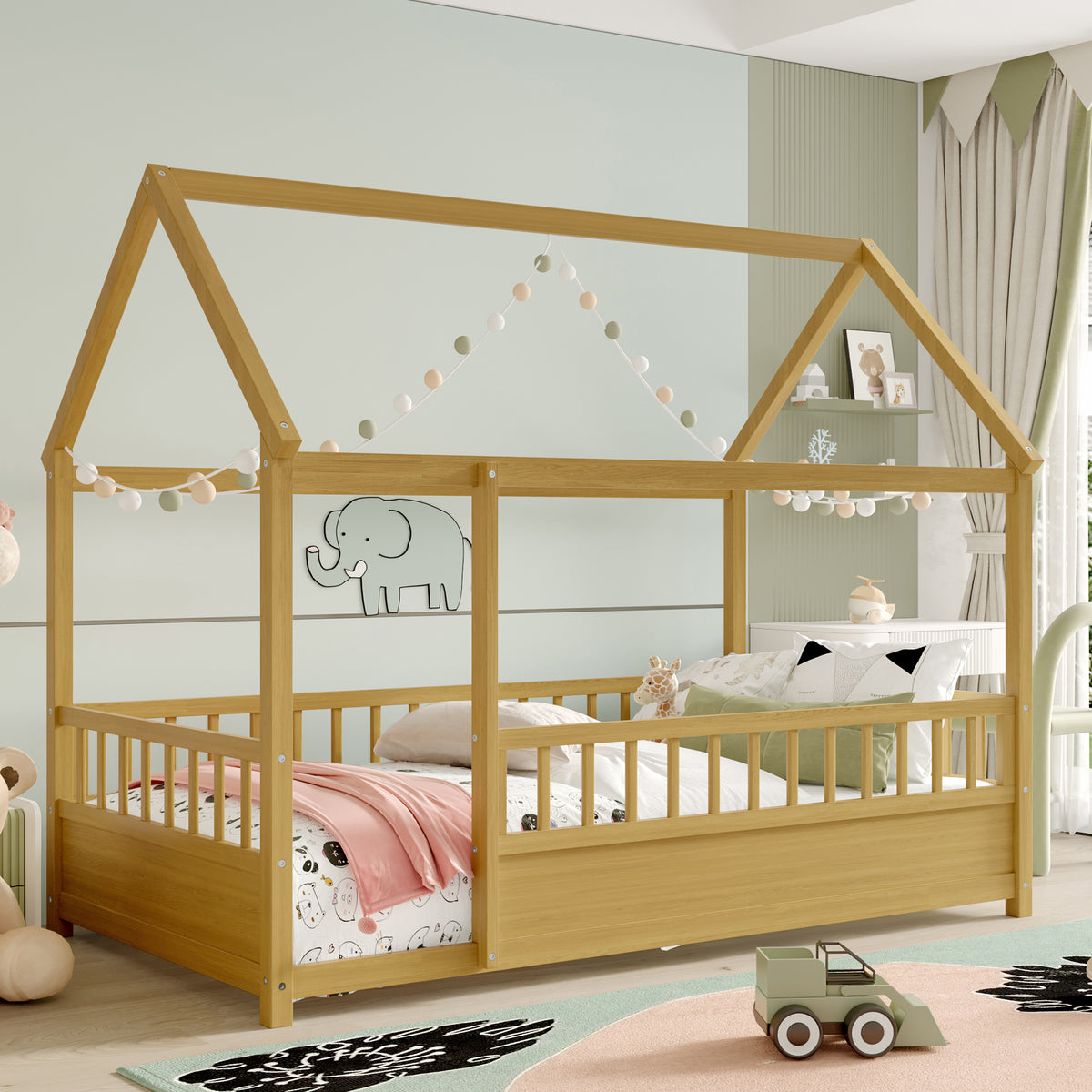 Full product view of Bed Frame House Roof & Guardrails Natural Wood Twin Size