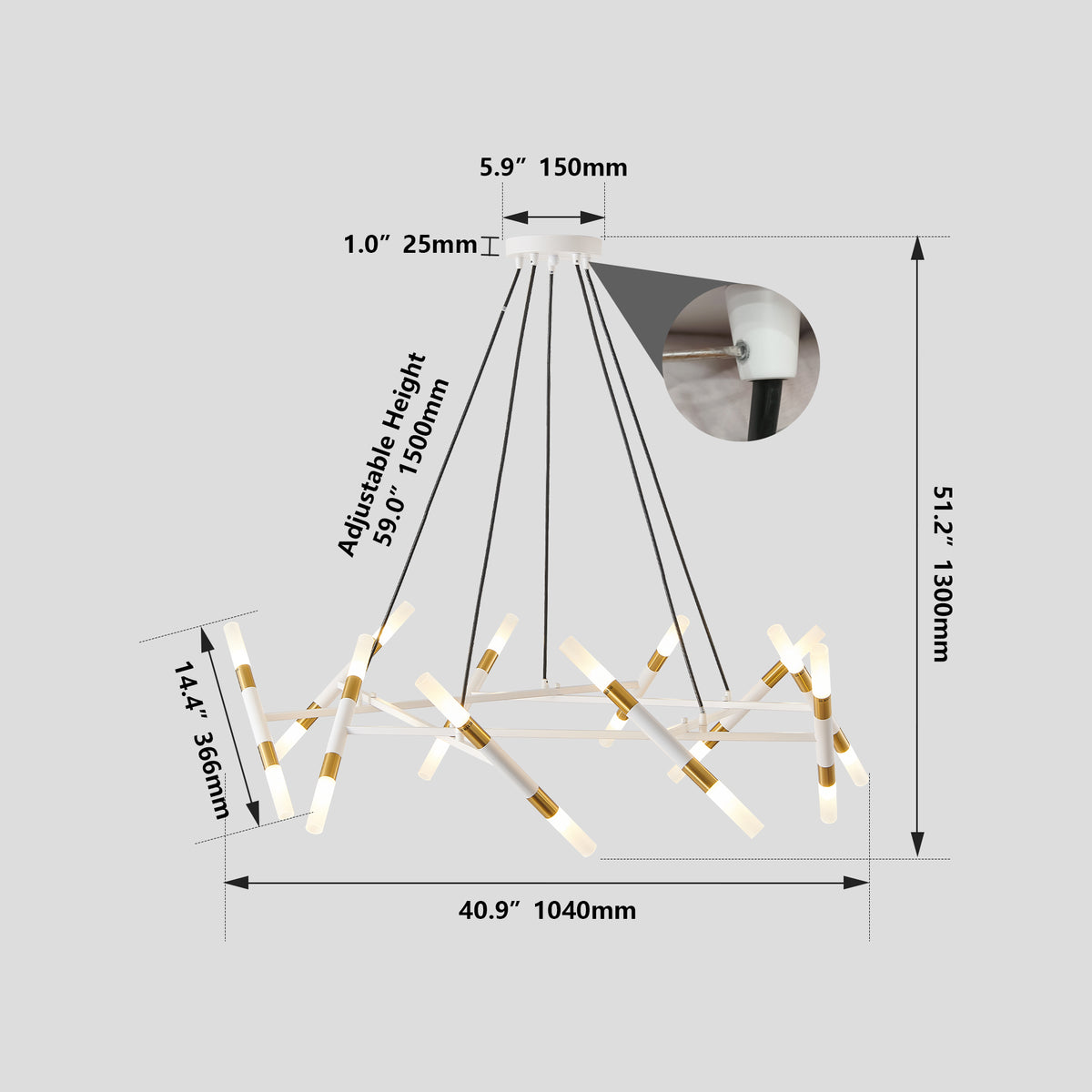 Additional view of Chandelier Branch Frosted-Tube Design White & Gold Iron
