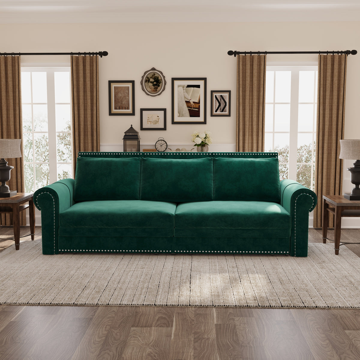 Construction and detail view of Sofa Bed Pull-Out Sleeper Green Velvet