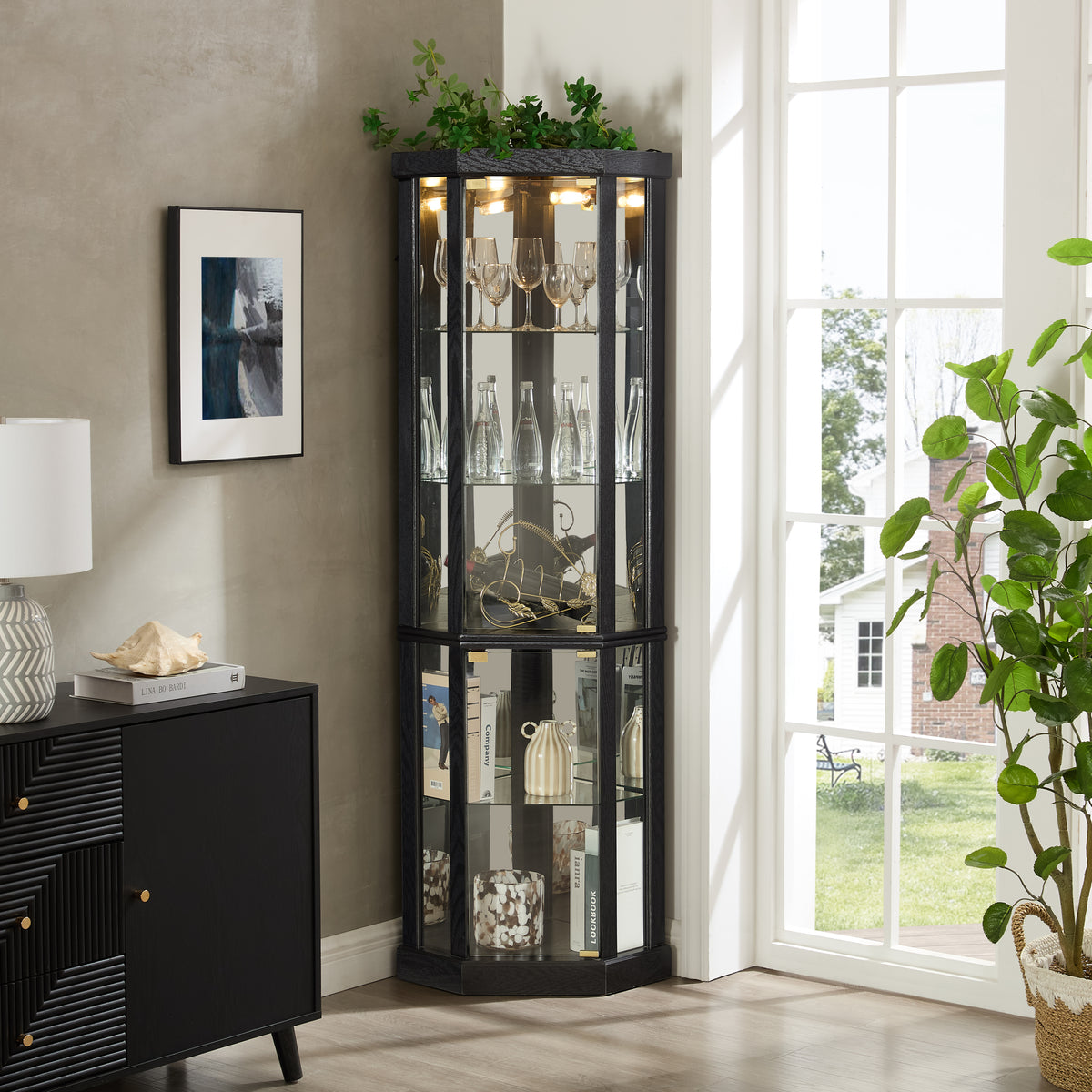 Display Cabinet LED Display Storage Black Glass in a modern home interior