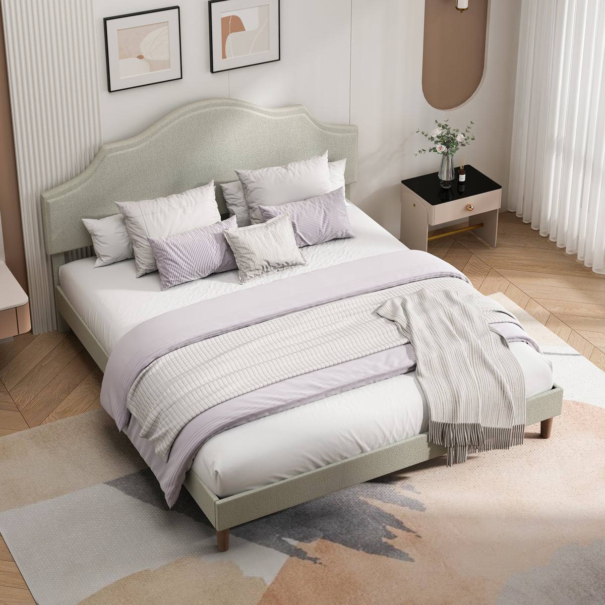 Alternate angle of Platform Bed Frame Adjustable Headboard Beige Linen King Size